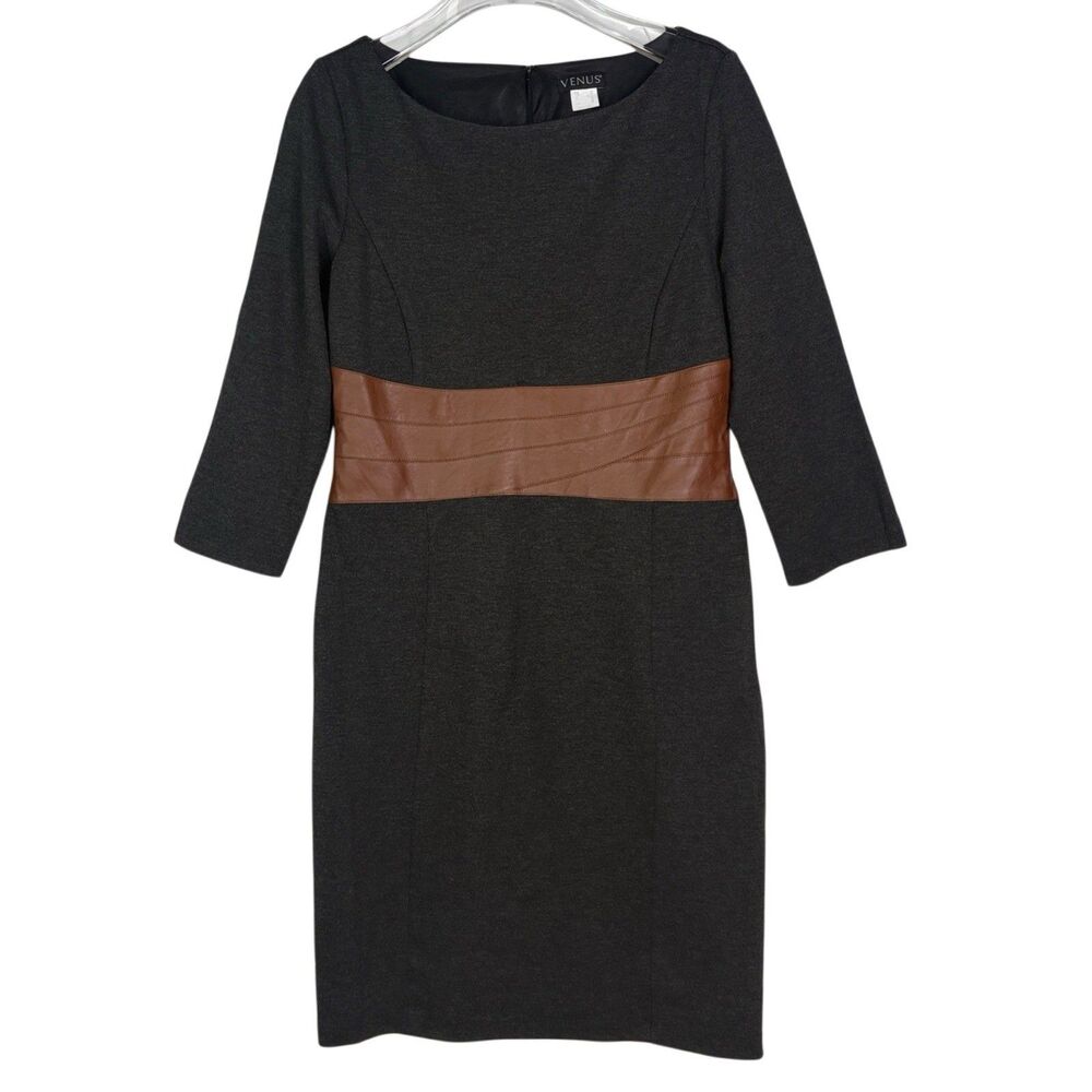 Venus Dress Size 10 Charcoal Gray Sheath Faux Leather Waist Panel 3/4 Sleeve NEW